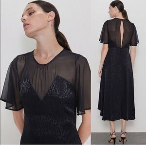 Zara Black Midi High/Low Cheetah print mesh top Dress size XS